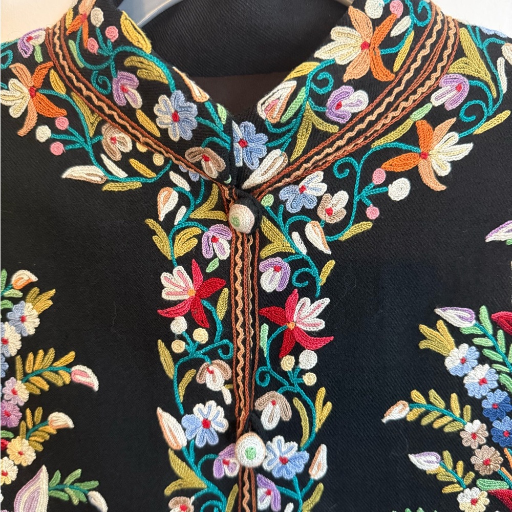 black wool Kashmiri jacket featuring multicolor allover Aari embroidery - Picture 5 of 15